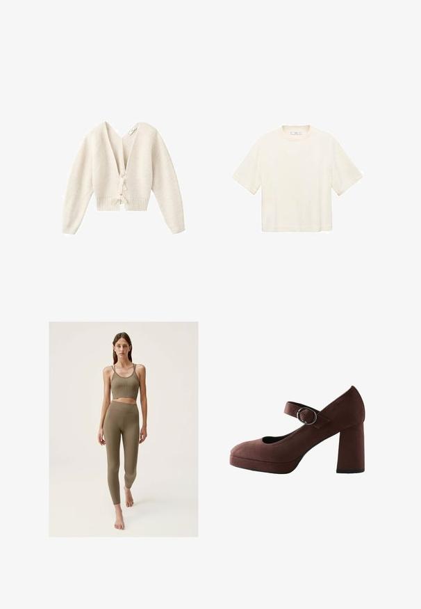Kratka kremasta kardigana s dubokim V-izrezom, rebrastom teksturom, dugim rukavima i vezanjem sprijeda. Mekani pleteni materijal.; Majica s kratkim rukavima, skraćena, u boji starog bijelog. Izrađena od mekog materijala s okruglim izrezom i ležernim krojem. Nema vidljivih uzoraka ili metalnih detalja.; Zeleni aktivni komplet od jednostavne tkanine s prslukom kratkih rukava i tajicama visokog struka s rebrastom teksturom i detaljima šavova.; Smeđa cipele od antilopa u stilu Mary Jane s okruglim vrhom, širokom petom, podesivim remenom oko gležnja i platformom sprijeda. Ima glatku teksturu.