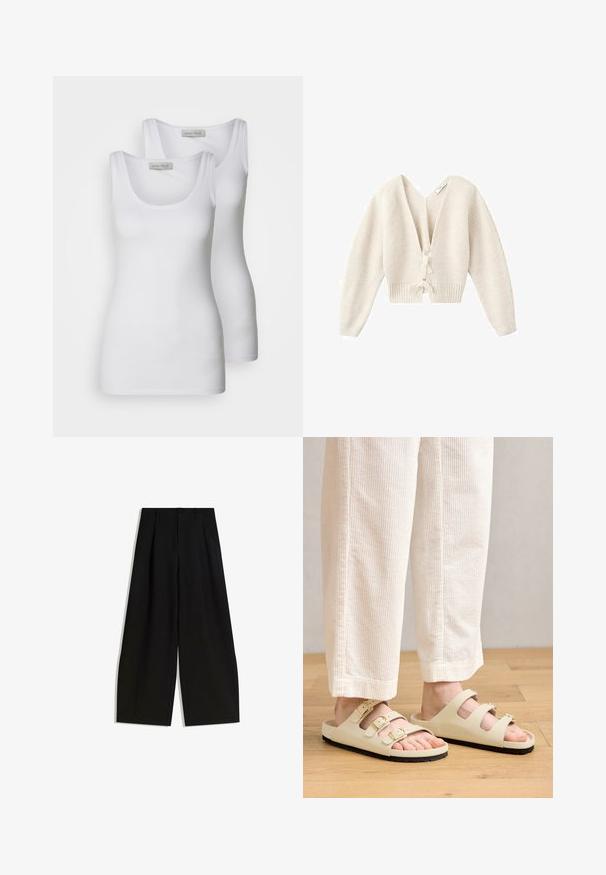 Kort cremefarvet cardigan med dyb V-hals, ribbet tekstur, lange ærmer og snøring foran. Blødt strikkemateriale.; To hvide toppe uden ærmer med runde udskæringer, lavet af glat stof. Funktioner inkluderer smalle stropper og et tætsiddende design.; Sorte bredbenede bukser lavet af glat stof, med høj talje, læg foran, og uden synlige dekorationer eller mønstre.; Lys beige sandaler med tre justerbare stropper med metalspænder, en polstret sål og en sort gummisål.