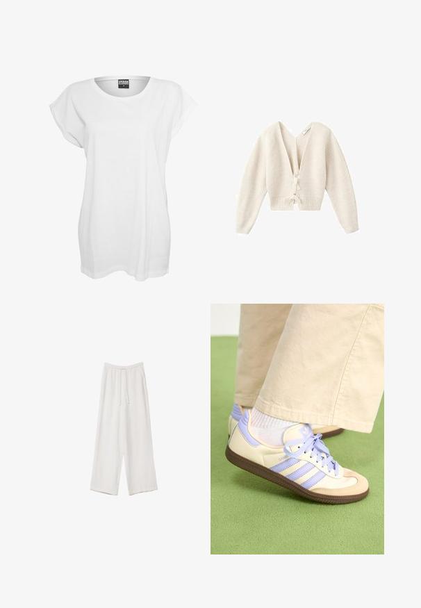 Kort krämfärgad cardigan med djup V-ringning, ribbat mönster, långa ärmar och knytning framtill. Mjukt stickat material.; Vit kortärmad t-shirt i bomull med avslappnad passform, bred halsringning och minimalistisk design utan mönster eller detaljer.; Vita vida byxor i vid passform gjorda av ett lättviktsmaterial. Har en elastisk midja med dragsko och sidofickor. Slät textur.; Krämfärgade och lavendelfärgade sneakers med tre ränder och en texturerad brun sula, med snören och en vadderad häl. Mjuk tygobero.