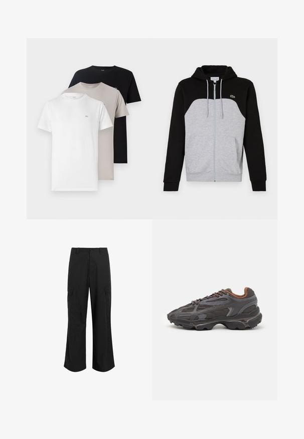Kapuzenshirt mit der oberen Hälfte in Schwarz und der unteren Hälfte in Grau, ausgestattet mit einem Frontreißverschluss und Taschen. Lacoste-Logo auf der linken Brust.; Drei Rundhals-T-Shirts in Weiß, Beige und Schwarz, aus einem weichen Baumwollmaterial gefertigt, mit einem kleinen Logo auf der Brust in jeder Farbe.; Schwarze Cargo-Hose aus leichtem Stoff, mit entspannter Passform, zwei großen Seitentaschen und Knopfverschluss.; Lacoste Sneaker in Dunkelgrau aus Mesh und Synthetikmaterial, mit einer strukturierten Sohle und braunen Akzenten am Kragen und Logo.