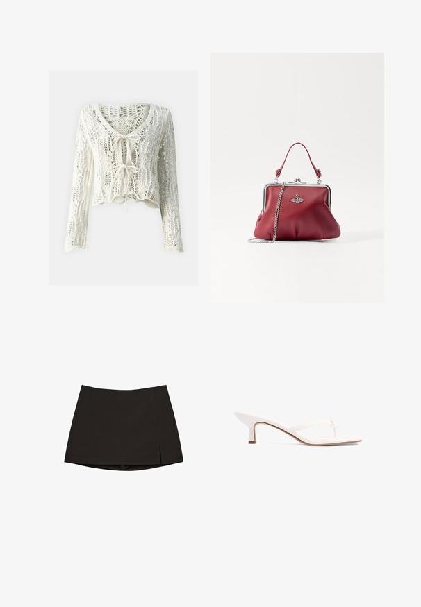 Gehaakte, cropped cardigan in crème. Heeft lange mouwen, een diepe V-hals en een verstelbare striksluiting aan de voorkant. Textuurstof met open weefsel.; Asymmetrische blouse met één schouder in lichtblauw, gemaakt van gladde stof, met een gedraaide schouderdetail en geplooide zijkanten.; Zwarte minirok gemaakt van gladde stof, met een rechte snit, zijopeningen en een nette zoom. Eenvoudig en veelzijdig.; Witte slipper in thong-stijl met een lage hak, gemaakt van glad materiaal, met eenvoudige banden en een minimalistisch ontwerp. Bruine zoolaccenten.; Rode leren handtas met een zilveren kettingkoord, ronde vorm, geplooid ontwerp en een metalen sluiting aan de bovenkant. Versierd met een logo-detail.