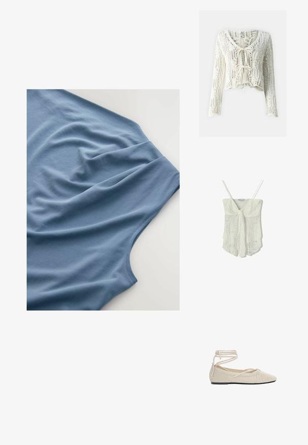 Horgolt stílusú, rövidített kardigán krém színben. Hosszú ujjak, mély V-nyak és elöl állítható, megkötős zárás jellemzi. Struktúrált anyag, nyitott szövésű.; Fehér csipke top vékony pántokkal, elöl megkötő záródással és folyékony, enyhén texturált dizájnnal.; Kék póló felülnézetből, puha anyaggal és sima textúrával, redőzött ráncokkal és lekerekített kivágással.; Beige színű, szőtt balettcipő, hegyes orral, lapos talppal és körbefutó fűzővel. A textúrája nyitott kötésű, sima bélés jellemzi.