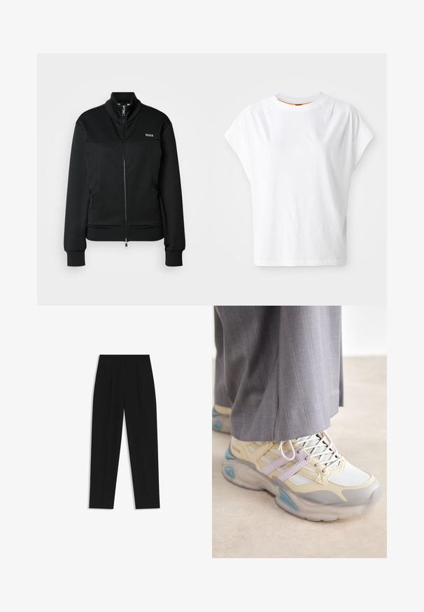 Schwarze Jacke mit hohem Kragen, Reißverschluss vorne und zwei Seitentaschen. Glattes Material mit gerippten Bündchen und dezentem Logo-Detail auf der Brust.; Weißes T-Shirt mit kurzen Ärmeln und lockerer Passform. Mit Rundhalsausschnitt und dezentem Logo-Detail auf der Vorderseite. Aus Baumwollstoff gefertigt.; Schwarze Hose mit geradem Schnitt, doppelten Falten, einer glatten Textur und einem klassischen Bunddesign. Keine sichtbaren Beschläge oder Akzente.; Fette sportliche Schuhe in Hellgelb und Weiß mit lila Akzenten und Netzeinsätzen. Dicke, durchsichtige Sohle mit blauen Details.