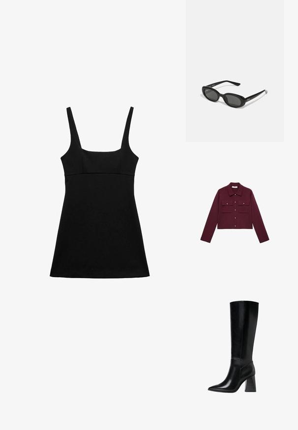 Bordo skraćena jakna s dugim rukavima, prednjim dugmadi, dva džepa na prsima i zlatnim dugmadi. Glatka tkanina i klasični dizajn ovratnika.; Crna haljina bez rukava s kvadratnim izrezom, prilagođenim tijelom i raširenim rubom. Izrađena od glatkog materijala, bez vidljivih uzoraka ili ukrasa.; Crne kožne čizme do koljena s šiljastim vrhom, glatkom teksturom i debelim rebrastim potplatom za stabilnost. Moderne linije s minimalnim naglascima.; Crne sunčane naočale s ovalnim lećama, sjajnim plastičnim okvirom i tankim krakovima. Značajka je Ray-Ban logo u bijeloj boji s strane.; Crna kožna torba s zlatnim hardverom, koja ima prepoznatljivu kopču, odvojivi remen za ramen, te teksturiranu površinu.