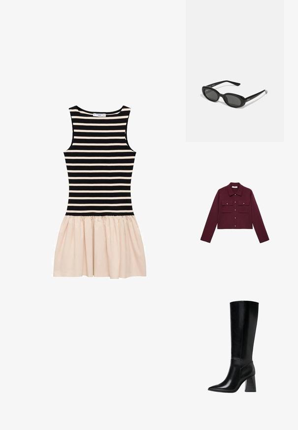 Burgundská zkrácená bunda s dlouhými rukávy, předním zapínáním na knoflíky, dvěma kapsami na hrudi a akcenty ve zlatém tónu. Hladká látka a klasický design límce.; Pruhované šaty s černou a krémovou horní částí a krémovou nabíranou sukní. Vyrobené z měkké látky s kulatým výstřihem a bez rukávů.; Černé kožené boty po kolena s špičatou špičkou, hladkým povrchem a robustním vroubkovaným podpatkem pro stabilitu. Elegantní design s minimálními akcenty.; Černé sluneční brýle s oválnými objektivy, lesklý plastový rám a štíhlé nožičky. Na boku se nachází bílé logo Ray-Ban.; Černá kožená kabelka se zlatým kováním, s podpisovým zapínáním, odnímatelným ramenním popruhem a texturovaným povrchem.