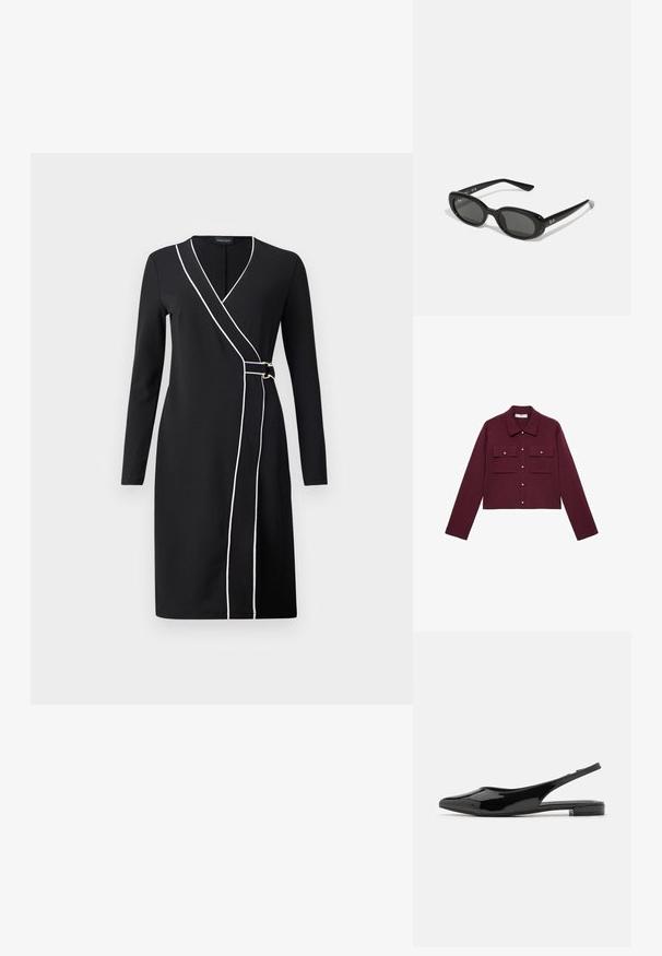 Burgundin värinen lyhythihainen takki, jossa on pitkät hihat, nappikiinnitys, kaksi rintataskua ja kultasävyiset napit. Sileä kangas ja klassinen kaulustyyli.; Mustapukuinen kietaisumekko, jossa on pitkät hihat, valkoiset ompeleet edessä ja kultasävyiset yksityiskohdat. Sujuva, kudottu kangas, polvenpituinen malli.; Musta lakattu nahkainen slingback-kengät, joissa on teräväkärkinen muotoilu ja matala lohkokorko. Sileä pinta, minimalistinen muotoilu, avoin takaosa ja tyylikäs siluetti.; Mustat aurinkolasit, joissa on soikeat linssit, kiiltävä muovikehys ja kapeat varret. Sivussa on valkoinen Ray-Ban-logo.