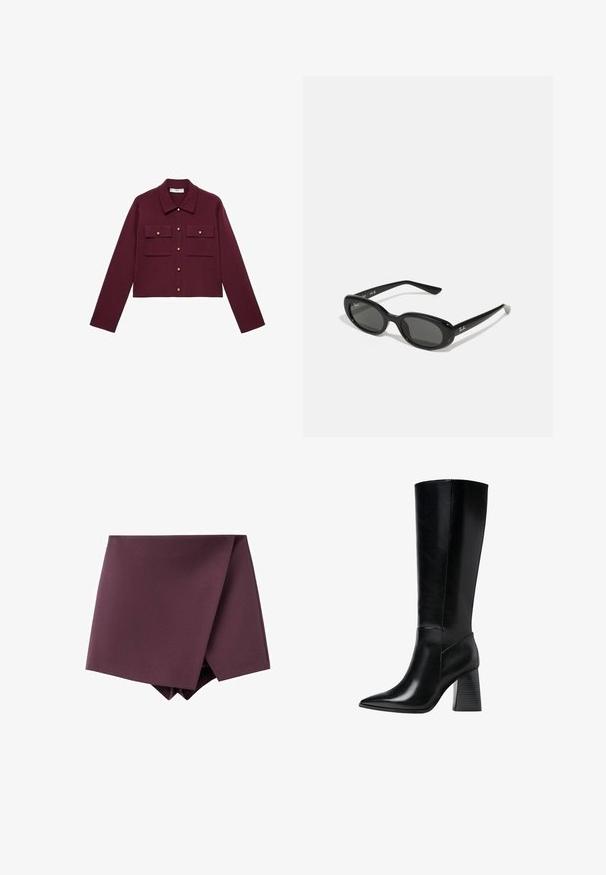 Burgundy kort jacka med långa ärmar, knäppning fram, två bröstfickor och knappar i guldfärg. Slätt tyg och klassisk kragsdesign.; Kortärmad pikétröja i djupt vinröd färg, tillverkad av strukturerad textil, med V-hals, tre knappar och en uppbyggd krage.; Mörklila asymmetrisk minikjol med design som har en omslag framtill och en slät tygstruktur.; Knä höga svarta läderstövlar med spetsig tå, slät yta och en robust räfflad klack för stabilitet. Strömlinjeformad design med minimala detaljer.; Svarta solglasögon med ovala linser, glansigt plastbåge och smala armar. Har Ray-Ban-logotypen i vitt på sidan.