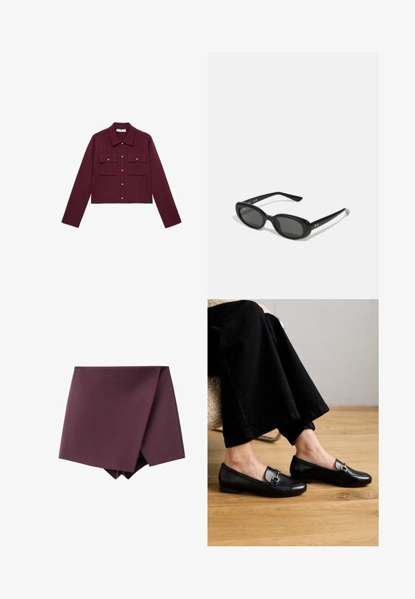 Burgundowa kurtka typu cropped z długimi rękawami, zapinana na guziki, z dwoma kieszeniami na piersi i złotymi akcentami guzików. Gładki materiał i klasyczny fason kołnierza.; Koszulka polo z krótkim rękawem w głębokim burgundowym kolorze, wykonana z teksturowanej tkaniny, z dekoltem w kształcie litery V, trzema guzikami oraz usztywnionym kołnierzykiem.; Ciemnofioletowa asymetryczna mini spódnica z zapinanym przodem i gładką teksturą materiału.; Czarne skórzane loafersy z kwadratowym noskiem i niewielkim obcasem, z ozdobnym akcentem w kolorze złotym na górnej stronie.; Czarne okulary przeciwsłoneczne z owalnymi soczewkami, błyszcząca plastikowa oprawa i smukłe zauszniki. Posiadają białe logo Ray-Ban po boku.; Czarna skórzana torba na ramię z akcentami w kolorze złotym, wyposażona w charakterystyczne zapięcie, odpinany pasek na ramię oraz teksturowaną powierzchnię.