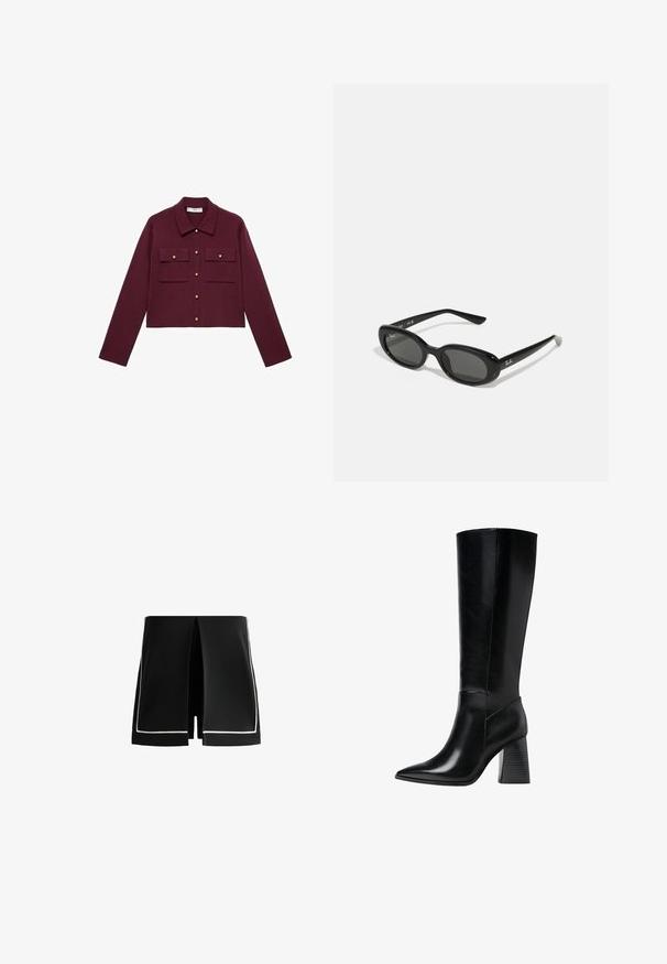 Giacca borgogna cropped con maniche lunghe, chiusura con bottoni anteriori, due tasche sul petto e dettagli in bottoni oro. Tessuto liscio e design del colletto classico.; Polo a maniche corte di un profondo bordeaux, realizzato in tessuto testurizzato, con scollatura a V, tre bottoni e colletto strutturato.; Pantaloni corti neri con un design a spacco unico, bordati in bianco lungo i lati. Realizzati in tessuto leggero, presentano una linea pulita e moderna.; Stivali neri in pelle al ginocchio con punta affilata, texture liscia e tacco robusto scalanato per stabilità. Design elegante con accentuazioni minime.; Occhiali da sole neri con lenti ovali, montatura in plastica lucida e stecche sottili. Presentano il logo Ray-Ban in bianco sul lato.