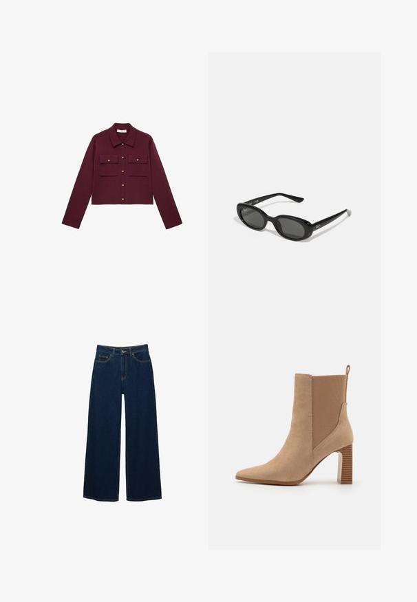 Bordo skraćena jakna s dugim rukavima, prednjim dugmadi, dva džepa na prsima i zlatnim dugmadi. Glatka tkanina i klasični dizajn ovratnika.; Polo majica s kratkim rukavima, u tamnocrvenoj boji, izrađena od teksturiranog materijala, s V-izrezom, tri dugmeta i oblikovanim ovratnikom.; Široke tamnoplave traperice od denima, s visokim strukom, kontrastnim šavovima, prednjim džepovima i zakopčavanjem na dugme i zatvarač.; Bež čizme do gležnja napravljene od brušene kože s elastičnim bočnim panelima, šiljatim vrhom i prugastim blok potplatom. Imaju i traku za vučenje straga.; Crne sunčane naočale s ovalnim lećama, sjajnim plastičnim okvirom i tankim krakovima. Značajka je Ray-Ban logo u bijeloj boji s strane.