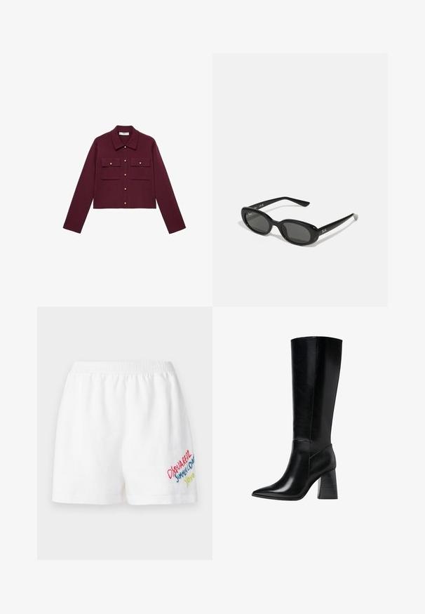 Burgunderfarbenes kurz geschnittenes Jackett mit langen Ärmeln, Knopfverschluss, zwei Brusttaschen und goldenem Knopf-Akzenten. Glattes Material und klassisches Kragen-Design.; Kurzärmliges, tiefburgunderfarbendes Poloshirt aus strukturiertem Stoff, mit V-Ausschnitt, drei Knöpfen und einem verstärkten Kragen.; Dsquared2 BAGGY - Shorts - white; Knöchelhohe schwarze Lederstiefel mit spitzem Schuhkopf, glatter Textur und einem stabilen, profilierten Blockabsatz. Schlankes Design mit minimalen Akzenten.; Schwarze Sonnenbrille mit ovalen Gläsern, glänzendem Kunststoffrahmen und schlanken Bügeln. Mit Ray-Ban-Logo in Weiß an der Seite.