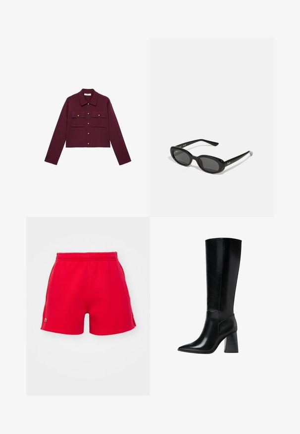 Bordová skrátená bunda s dlhými rukávmi, zapínaním na gombíky, dvoma prsiami vreckami a zlatými gombíkovými akcentmi. Hladká látka a klasický golier.; Polo tričko s krátkym rukávom v hlbokej burgundskej farbe, vyrobené z textúrovanej látky, s výstrihom do V, troma gombíkmi a prestavaným golierom.; Červené šortky vyrobené z jemnej látky, s elastickým pásom a malým logom na ľavej strane. Klasický strih s hladkým povrchom.; Čierne kožené boty po kolená s špicatou špičkou, hladkou textúrou a hrubým, drážkovaným podpätkom pre stabilitu. Elegantný dizajn s minimálnymi akcentmi.; Čierne slnečné okuliare s oválnymi šošovkami, lesklý plastový rám a štíhle ramienka. Na boku majú biele logo Ray-Ban.; Čierna kožená kabelka s akcentmi zlatého hardvéru, s podpisovým zapínaním, odnímateľným ramenným popruhom a štruktúrovaným povrchom.
