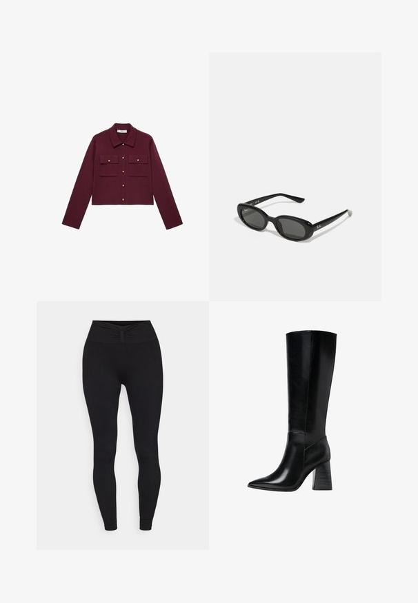 Giacca borgogna cropped con maniche lunghe, chiusura con bottoni anteriori, due tasche sul petto e dettagli in bottoni oro. Tessuto liscio e design del colletto classico.; Polo a maniche corte di un profondo bordeaux, realizzato in tessuto testurizzato, con scollatura a V, tre bottoni e colletto strutturato.; Yogasearcher NALA - Leggings - black; Stivali neri in pelle al ginocchio con punta affilata, texture liscia e tacco robusto scalanato per stabilità. Design elegante con accentuazioni minime.; Occhiali da sole neri con lenti ovali, montatura in plastica lucida e stecche sottili. Presentano il logo Ray-Ban in bianco sul lato.
