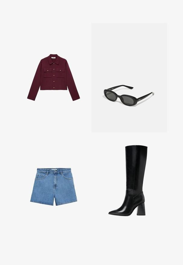 Bordo skraćena jakna s dugim rukavima, prednjim dugmadi, dva džepa na prsima i zlatnim dugmadi. Glatka tkanina i klasični dizajn ovratnika.; Polo majica s kratkim rukavima, u tamnocrvenoj boji, izrađena od teksturiranog materijala, s V-izrezom, tri dugmeta i oblikovanim ovratnikom.; Svijetloplavi traper šorts s visokim strukom, dizajnom od pet džepova i zatvaranjem na gumbi. Ravnog kroja s čistim rubom.; Crne kožne čizme do koljena s šiljastim vrhom, glatkom teksturom i debelim rebrastim potplatom za stabilnost. Moderne linije s minimalnim naglascima.; Crne sunčane naočale s ovalnim lećama, sjajnim plastičnim okvirom i tankim krakovima. Značajka je Ray-Ban logo u bijeloj boji s strane.; Crna kožna torba s zlatnim hardverom, koja ima prepoznatljivu kopču, odvojivi remen za ramen, te teksturiranu površinu.