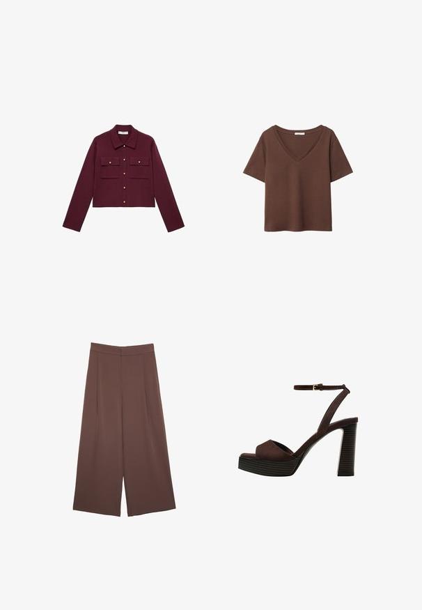 Bordeaux cropped jakke med lange ærmer, knaplukning foran, to brystlommer og guldfarvede knapdetaljer. Glat stof og klassisk kravedesign.; Brun bomulds t-shirt med korte ærmer og dyb V-hals. Enkel design, blød tekstur og lige kant. Ingen mønstre eller detaljer.; Brune bredbunde bukser med en glat tekstur, der har høj talje og plisseringer foran. Stoffet er let og falder løst.; Brune ruskinds højhælede sandal med åben tå, justerbar ankelrem og en stribet plade sål.