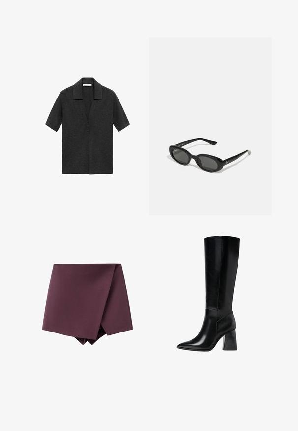 Burgundská zkrácená bunda s dlouhými rukávy, předním zapínáním na knoflíky, dvěma kapsami na hrudi a akcenty ve zlatém tónu. Hladká látka a klasický design límce.; Tmavě šedá polokošile s krátkým rukávem, vyrobená z měkké tkaniny, s výstřihem do V a zapínáním na tři knoflíky na přední straně.; Tmavě fialová asymetrická mini sukně s designem překrývání a hladkým povrchem.; Černé kožené boty po kolena s špičatou špičkou, hladkým povrchem a robustním vroubkovaným podpatkem pro stabilitu. Elegantní design s minimálními akcenty.; Černé sluneční brýle s oválnými objektivy, lesklý plastový rám a štíhlé nožičky. Na boku se nachází bílé logo Ray-Ban.; Černá kožená kabelka se zlatým kováním, s podpisovým zapínáním, odnímatelným ramenním popruhem a texturovaným povrchem.