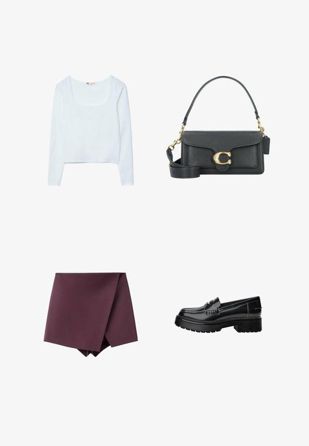 Burgunderfarbenes kurz geschnittenes Jackett mit langen Ärmeln, Knopfverschluss, zwei Brusttaschen und goldenem Knopf-Akzenten. Glattes Material und klassisches Kragen-Design.; Weißes, langärmeliges, cropped Top mit quadratischem Ausschnitt und glattem, strukturiertem Stoff. Keine sichtbaren Muster oder Hardware-Details.; Dunkelviolette asymmetrische Minirock mit einem Wickel-Frontdesign und glatter Stofftextur.; Schwarze Lacklederschlüpfer mit einer klobigen Sohle, ausgestattet mit einem dekorativen Riemen und subtilen Nähten. Gummierte Textur auf der Außensohle.; Schwarze Lederhandtasche mit goldenen Hardware-Akzenten, ausgestattet mit einem charakteristischen Verschluss, einem abnehmbaren Schultergurt und einer strukturierten Oberfläche.