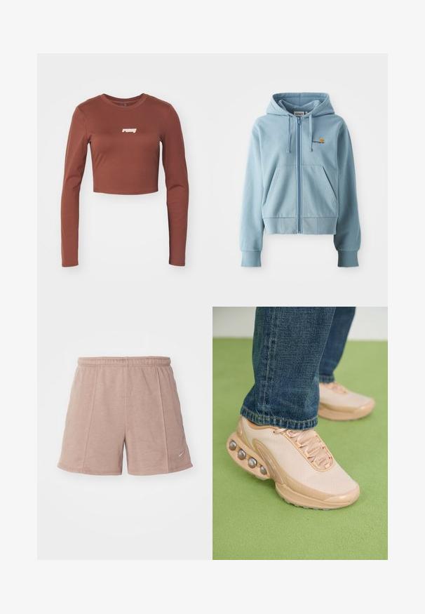 Hanorac cu fermoar de culoare albastru deschis, dintr-un material moale, având o glugă cu șnur, buzunare tip kangaroo și un logo brodat pe piept.; Top cropped cu mâne lungi, de culoare maronie, fabricat dintr-un material elastic, având un logo alb "ruby" pe față. Textură netedă și design ajustat.; Șorturi atletice roz pal, fabricate dintr-un material moale, cu un tiv elastic. Dispune de cusături laterale și un logo mic în partea dreaptă jos.; Pantofii sport de culoare bej deschis au un superior din plasă, talpă din cauciuc și accente rotunjite cu detalii metalice. Purtați cu blugi albaștri pe o suprafață verde.