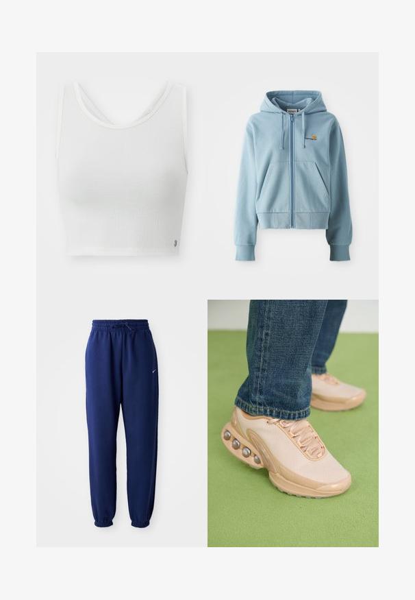 Hellblaues Zip-Up-Hoodie aus weichem Stoff, mit Kapuze mit Kordelzug, Känguru-Taschen und aufgesticktem Logo auf der Brust.; Weißes Cropped-Top aus strukturiertem Stoff, mit Rundhalsausschnitt und einem geschichteten Rückendesign, das an der Seite mit einem kleinen Logoakzent versehen ist.; Dunkelblaue Sweatpants aus weichem Material, mit einem elastischen Bund und Kordelzug, elastischen Bündchen und einem kleinen weißen Logo.; Helle beige Sportschuhe verfügen über ein Obermaterial aus Mesh, eine Gummisohle und abgerundete Akzente mit metallischen Details. Tragen Sie sie mit blauen Jeans auf einer grünen Fläche.