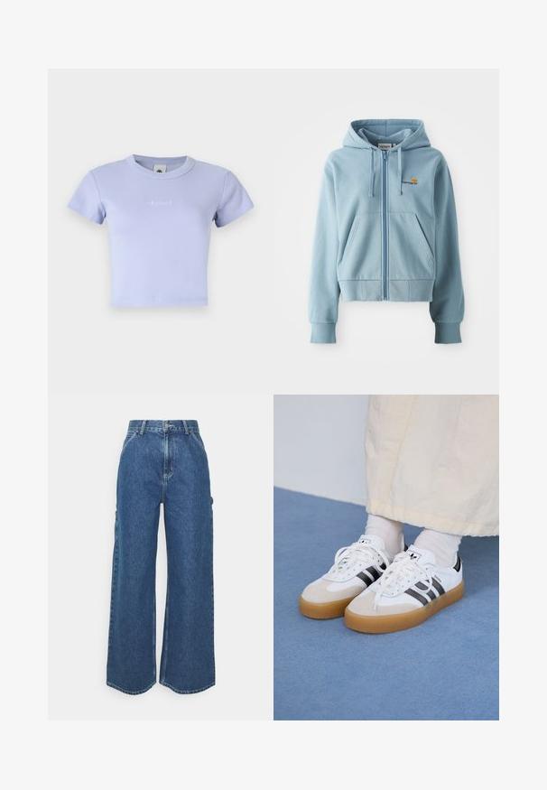 Light blue zip-up hoodie made of soft fabric, featuring a drawstring hood, kangaroo pockets, and embroidered logo on the chest.; Light purple ribbed cotton crop t-shirt with short sleeves and a crew neck. Features subtle embroidered logo on the front.; Wide-leg blue denim trousers with a high waist, contrasting stitching, and side pockets, featuring a classic five-pocket design and raw hems.; White sneakers with black stripes and beige suede accents. Feature a textured gum sole and flat white laces, worn with light-colored socks.