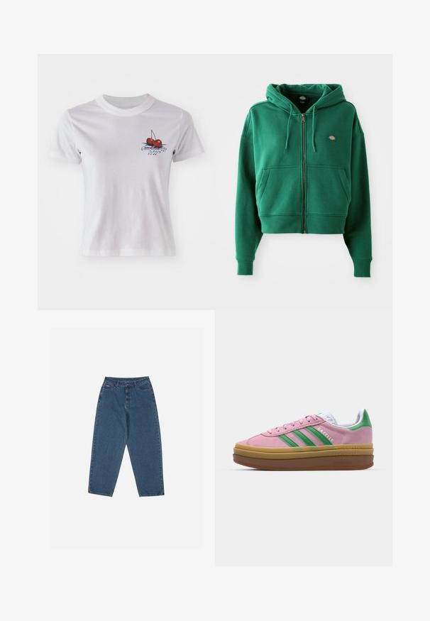 Grønn zip-up hettegenser med frontlommer, justerbar hette, ribbestrikkede mansjetter og kant, samt en liten logo på venstre bryst.; Hvit bomull t-skjorte med kirsebærgrafikk og teksten "Conchita WIP" i blå. Korte ermer og rund hals design.; Blå denim jeans med en avslappet passform, høy midje, femlommesdesign og sømdetaljer. Har en knapp- og glidelås-lukking.; Rosa semskede sneakers med grønne striper, hvite detaljer og en brun gummisåle. Har teksturert stoff og logodetaljer på siden.
