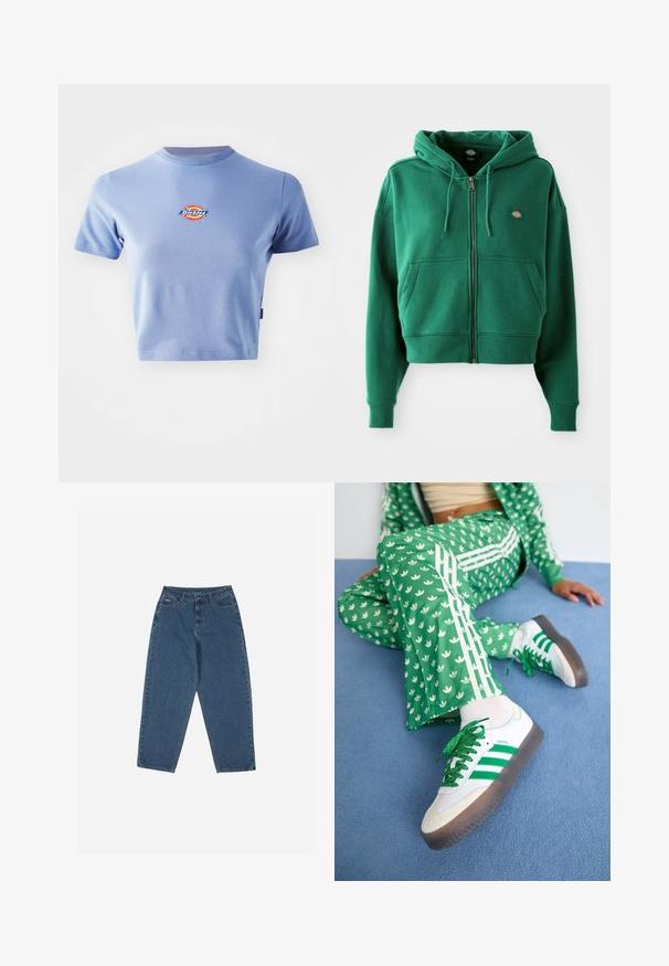 Zaļš kapucis ar rāvējslēdzēju, priekšējiem kabatām, peleku kapuci, ribotām piedurknēm un apakšmalu, kā arī mazu logotipu kreisajā krūtī.; Gaismas zilā kokvilnas auduma īsā piedurkne topiņš. Uz krūtīm ir aplis multカラー logotips ar tekstu "Dickies".; Zilā džinsu auduma bikses ar brīvu piegriezumu, augstu jostasvietu, piecu kabatu dizainu un šuvju akcentiem. Iekļauts pogu un rāvējslēdzēja aizdare.; Zaļš sporta tērps ar baltām ziedu dizainu un baltām svītrām, apvienots ar baltām sporta apaviem, kuru dizainā ir zaļas svītras un spīdīgas šņores.