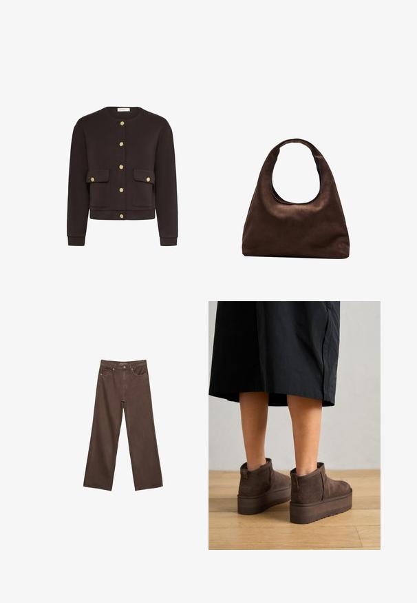 Hnědá zkrácená bunda vyrobená z měkké tkaniny, s kulatým výstřihem, zlatými cvoky a dvěma předními kapsami s klopami.; Hnědé tričko s krátkým rukávem vyrobené z měkké látky, s kulatým výstřihem a volným střihem. Bez viditelných vzorů nebo dekorací.; Hnědé džíny s širokými nohavicemi vyrobené z denimu, s vysokým pasem, předními kapsami a klasickým zapínáním na knoflík. Hladká textura s jemným švem.; UGG CLASSIC ULTRA MINI PLATFORM - Kotníková obuv - burnt cedar; Měkká hnědá kabelka ve stylu hobo s jedním širokým popruhem a zakřiveným horním otvorem, vystavená na bílém pozadí.