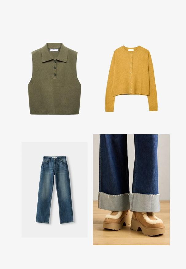 Sennepsgul cropped cardigan, strikket struktur, rund halsudskæring, frontlukning med guldtonede knapper, lange ærmer, ribkantede manchetter.; Mango Poloshirts - khaki; Blå denim jeans med lige ben-design, knaplukning, fem lommer og slidte områder. Materialet virker robust med en tekstureret overflade.; Brune ruskinds platform støvler med cremefarvet pelsfor, parret med brede denimbukser med rå afslutninger og en lysere denimsmock.