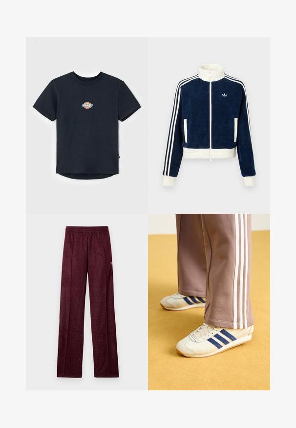 Jachetă cu fermoar din corduroy bleumarin, cu guler și manșete albe cu nervuri. Trei dungi albe pe mâneci și un logo mic pe piept. Două buzunare frontale.; Tricou negru din bumbac, cu mâneci scurte, guler rotund și un mic logo multicolor pe piept. Tiv drept cu partea din spate ușor mai lungă.; Pantaloni de sport bordo din țesătură texturată, cu talie elastică și cusături laterale pentru un design cu picioare drepte.; Sneakers crem cu dungi din suede bleu, șireturi albe și talpă din cauciuc. Asortați cu pantaloni de trening gri cu dungi albe pe laterale.