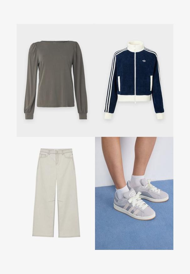 Tengeri kék kordbársony zipzáras dzseki fehér bordás gallérral és mandzsettákkal. Három fehér csík a leveleken és egy kis logó a mellrészen. Két elülső zseb.; Zöld olajszínű, hosszú ujjú felső, négyzet alakú nyakkivágással, redőzött vállakkal és illeszkedő mandzsettákkal, sima, rugalmas anyagból.; Világosszürke, bő szárú nadrág, öt zsebbel, elülső gombos záródással és kontrasztos varrással a varrások mentén. Az anyag puhanak és tartósnak tűnik.; Szürke velúr sportcipők fehér fűzővel és gumi talppal, az oldalán három ferde csíkkal és a nyelvén logo folttal.