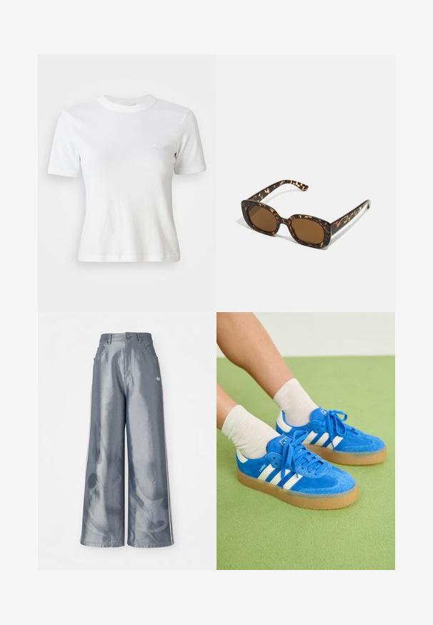 Mørkeblå kordfløjls lynlåsjakke med hvid ribbet krave og manchetter. Tre hvide striber på ærmerne og lille logo på brystet. To frontlommer.; Hvid ribbet kortærmet T-shirt med rund halsudskæring og et lille logo på brystet. Lavet af blødt stof med en tætsiddende pasform.; Bredde benbukser i skinnende grå materiale med hvide sidelookstriber og et flammemønster på underbenene. Knap- og lynlåslukning i taljen.; Blå ruskind sneakers med hvide striber, gummisål, rund tå og stofsnørebånd. Bærer cremefarvede sokker på en grøn overflade.; Skildpadde-solbriller med en rund, kraftig ramme og brune linser. Har subtile mønstre og lige, afsmalnende stænger.