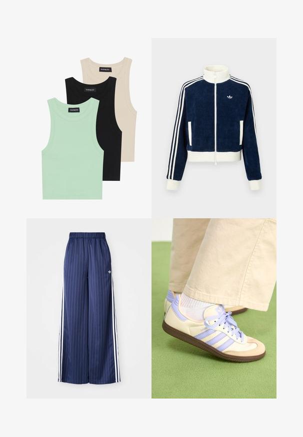Marineblaues Cord-Jacke mit Reißverschluss, weißem Rippkragen und -bündchen. Drei weiße Streifen an den Ärmeln und kleines Logo auf der Brust. Zwei Vordertaschen.; Drei Tanktops in Mintgrün, Schwarz und Beige; aus geripptem Stoff mit Rundhalsausschnitt und ohne Ärmel. Markenlabel sichtbar.; Navyblaue, weit geschnittene Hose mit vertikalen weißen Streifen, elastischem Bund und drei weißen Streifen an jeder Seite, aus leichtem Material gefertigt.; Cremefarbene und lavendelfarbene Sneakers mit drei Streifen und einer strukturierten braunen Sohle, ausgestattet mit Schnürsenkeln und einer gepolsterten Ferse. Obermaterial aus weichem Stoff.