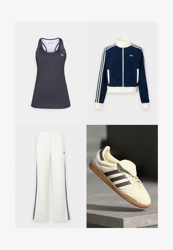 Jachetă cu fermoar din corduroy bleumarin, cu guler și manșete albe cu nervuri. Trei dungi albe pe mâneci și un logo mic pe piept. Două buzunare frontale.; Top sportiv negru cu accente mov, având un design racerback și laturi din plasă texturată. Fabricat din material care absoarbe umezeala.; Pantaloni tricotati crem deschis, cu design evazat. Prezintă dungi laterale albastre închise și un logo Adidas pe șold. Talie elastică.; Sneakers din piele crem cu trei dungi întunecate, o talpă din cauciuc de culoare maronie și un vârf rotunjit. Dispune de o limbă pliabilă etichetată "SAMBA."