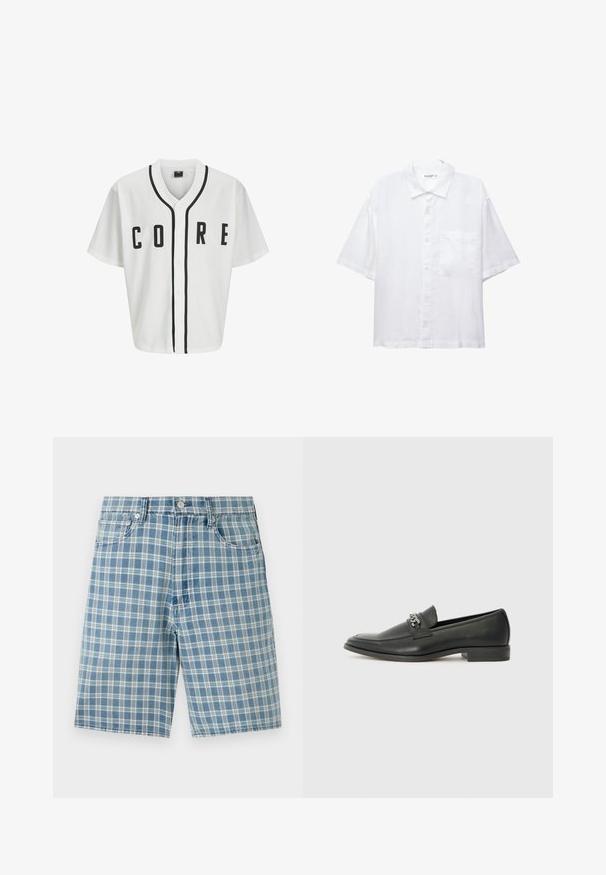 Valkoinen baseball-tyylinen paita lyhyillä hihoilla, mustat etunapit ja rohkea "CORE"-kirjonta mustalla. Sisältää mustan korostusviivan kauluksessa.; Valkoinen lyhythihainen paita nappikiinnityksellä, kauluksella ja yhdellä rintataskulla. Valmistettu kevyestä kankaasta, jossa on sileä rakenne.; Vaaleansinisiä ruudullisia shortseja, joissa on puuvillasekoitekangaista valmistettu materiaali, viisi taskua, nappisuljenta ja rento malli. Pintakangas on sileä ja pehmeä.; Musta nahkakengät, joissa on sileä pinta, koristeelliset ompeleet ja metalliketjun yksityiskohta kengän päällä. Littee korko.