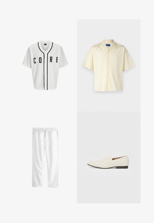 Weißes Baseball-Trikot mit kurzen Ärmeln, schwarzen Frontknöpfen und fett gedrucktem "CORE"-Schriftzug in Schwarz. Mit schwarzen Akzenten entlang des Kragens.; Jack & Jones JORBOXY SHIRT - Hemd - antique white; Weiße Leinenhose mit einem Kordelzugbund, zwei seitlichen Taschen und einem lockeren Schnitt. Glatte Textur und gerades Bein Design.; Hellbeige Slipper mit spitzem Zehenbereich, glattem Material, einem Riemen über dem Vorderfuß und einer niedrigen braunen Sohle. Einfaches Design mit minimalen Akzenten.