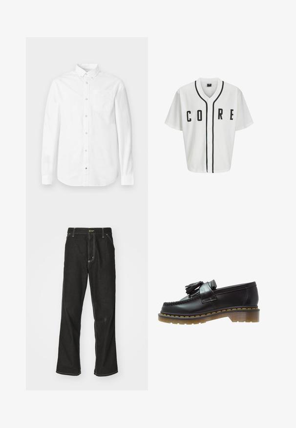 Hvit baseballstil trøye med korte ermer, svarte knapper foran, og fet "CORE" lettering i svart. Har svart aksentkant langs kragen.; Hvit langermet skjorte laget av bomull. Har en knapp ned-krage, brystlomme og subtil tekstur. Rett linning med knappelukkinger.; Svarte denimbukser med løs passform, med kontrastfylt hvit søm, knappelukking og rett ben-design.; Sorte lærloafers med en teksturert finish, med en dekorativ dusk og kontrasterende gul søm, på en chunky, transparent såle.