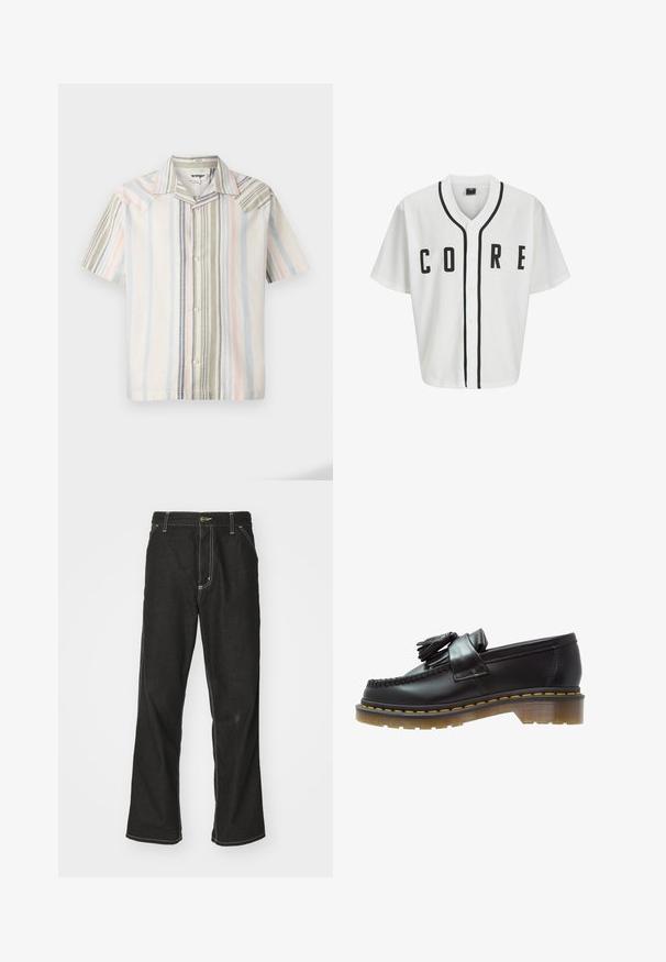 Biela baseballová mikina s krátkymi rukávmi, čiernymi prednými gombíkmi a výrazným nápisom "CORE" v čiernej farbe. Má čierne akcenty pozdĺž goliera.; Košela s krátkym rukávom a gombíkmi z ľahkého materiálu, ktorá má vertikálne pruhy v pastelových farbách: modrej, zelenej a ružovej, s špicatým golierom.; Dlhý rukáv bielej bavlnenej tričko s okrúhlym výstrihom, s malým žltým a vínovým logom na ľavej hrudi. Bezšvové manžety a lem.; Čierne denimové nohavice s voľným strihom, s kontrastným bielym prešívaním, uzáverom na gombík a rovnými nohavicami.; Čierne kožené mokasíny s textúrovaným povrchom, so zdobnou strapcovou aplikáciou a kontrastným žltým prešívaním, na masívnej priehľadnej podrážke.
