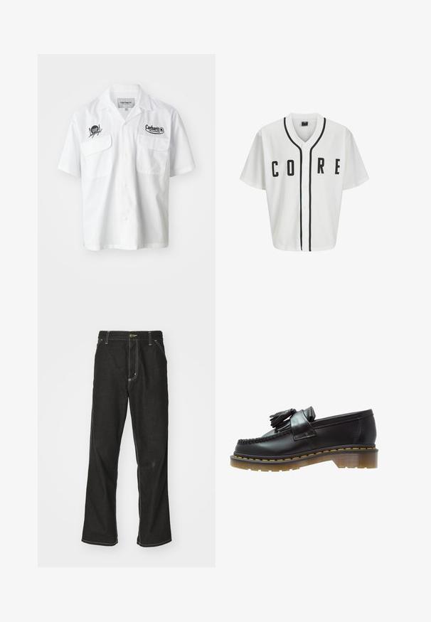 Hvid baseball-stil trøje med korte ærmer, sorte frontknapper og fed "CORE" skrift i sort. Har sorte accentstriber langs kraven.; Hvid kortærmet skjorte med knaplukning foran, to brystlommer og sorte broderede logoer fra Carhartt og WIP. Glat stoftekstur.; Langærmet hvid bomulds T-shirt med rund hals, prydet med et lille gult og burgunder logo på venstre bryst. Uden sømme ved ærmerne og kanten.; Sorte denimjeans med løs pasform, der har kontrasterende hvid syning, en knaplukning og et lige ben-design.; Sorte læder loafers med en tekstureret overflade, der har en dekorativ kvast og kontrasterende gul syning, på en chunky, transparent sål.