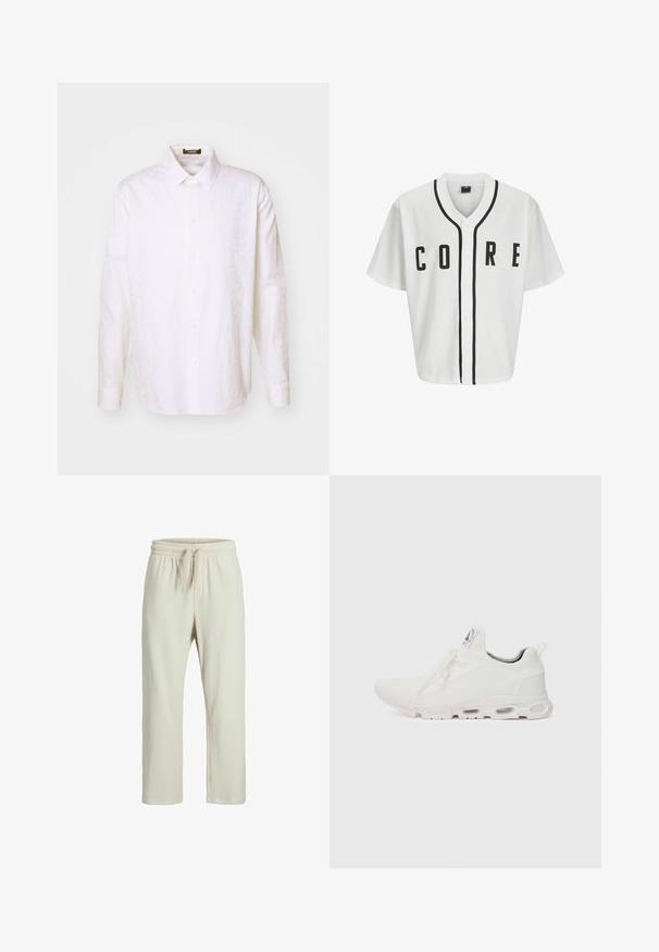 Biela baseballová mikina s krátkymi rukávmi, čiernymi prednými gombíkmi a výrazným nápisom "CORE" v čiernej farbe. Má čierne akcenty pozdĺž goliera.; Biela košeľa s dlhým rukávom, gombíková, vyrobená z ľahkej tkaniny. Má klasický golier, sedem gombíkov na prednej strane a diskrétnu textúru.; Hladké krémové nohavice s elastickým pásom a šnúrkou, s voľným strihom a rovnými nohavicami.; Biele športové topánky so štruktúrovaným pleteným zvrškom, plochými šnúrkami a odpruženou podrážkou s viditeľnými vzduchovými komorami pre dodatočnú podporu.