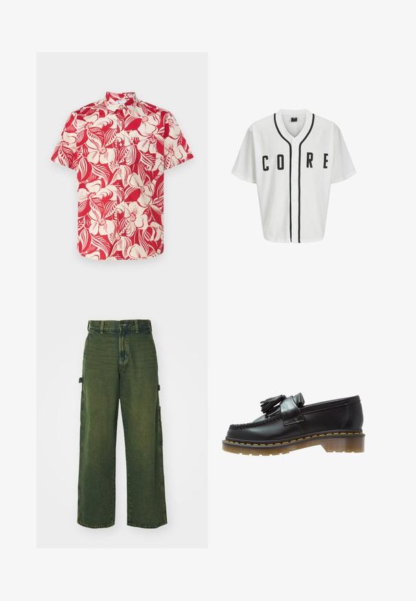 Weißes Baseball-Trikot mit kurzen Ärmeln, schwarzen Frontknöpfen und fett gedrucktem "CORE"-Schriftzug in Schwarz. Mit schwarzen Akzenten entlang des Kragens.; GAP STANDARD - Hemd - red chino; Langärmliges weißes Baumwoll-T-Shirt mit Rundhalsausschnitt, das auf der linken Brust ein kleines gelbes und burgunderrotes Logo trägt. Nahtlose Bündchen und Saum.; Grüne Denim-Cargohosen mit weitem Beinumfang, ausgestattet mit Seitentaschen, verblasster Textur sowie klassischem Knopf- und Reißverschluss.; Schwarze Lederloafer mit strukturiertem Finish, ausgestattet mit einer dekorativen Quaste und kontrastierenden gelben Nähten, auf einer klobigen, transparenten Sohle.