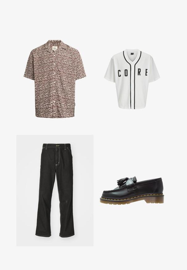 Fehér baseball stílusú mez rövid ujjakkal, fekete elülső gombokkal, és feltűnő "CORE" felirattal fekete színben. Fekete díszítés található a gallér mentén.; Redefined Rebel REMY SHIRT - Ing - brown; Hosszú ujjú fehér pamut póló, kerek nyakkal, bal mellen egy kis sárga és bordó logóval. Zökkenőmentes mandzsetták és szegély.; Fekete farmernadrág laza szabással, kontrasztos fehér varrással, gombos záródással és egyenes lábmegoldással.; Fekete bőr loaferek texturált felülettel, dekoratív bojtokkal és kontrasztos sárga varrással, tömzsi, átlátszó talpon.