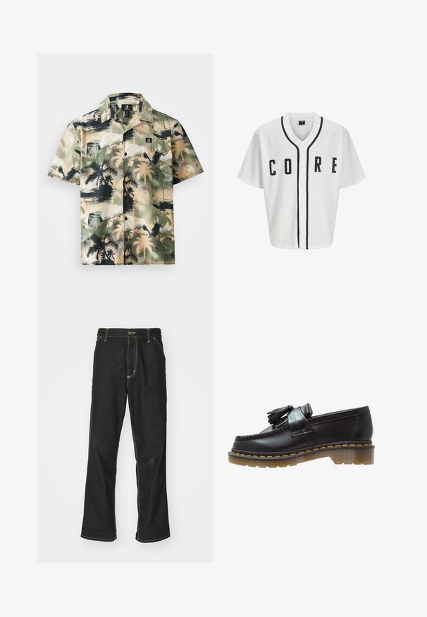 Biela baseballová mikina s krátkymi rukávmi, čiernymi prednými gombíkmi a výrazným nápisom "CORE" v čiernej farbe. Má čierne akcenty pozdĺž goliera.; Krátky rukáv košele v béžovej a zelenej farbe s potlačou paliem, s designom na gombíky a čiernou logom nášivkou na vrecku na hrudi.; Dlhý rukáv bielej bavlnenej tričko s okrúhlym výstrihom, s malým žltým a vínovým logom na ľavej hrudi. Bezšvové manžety a lem.; Čierne denimové nohavice s voľným strihom, s kontrastným bielym prešívaním, uzáverom na gombík a rovnými nohavicami.; Čierne kožené mokasíny s textúrovaným povrchom, so zdobnou strapcovou aplikáciou a kontrastným žltým prešívaním, na masívnej priehľadnej podrážke.