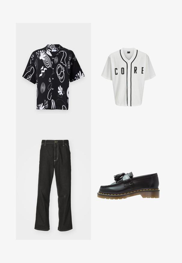 Biała koszulka baseballowa z krótkimi rękawami, czarnymi guzikami z przodu i wyraźnym napisem "CORE" w czerni. Posiada czarne akcenty wzdłuż kołnierza.; Koszula z krótkim rękawem w czarnym kolorze, z wyrazistymi białymi abstrakcyjnymi wzorami, z zapięciem na guziki i luźnym krojem. Idealna na codzienne noszenie.; Biała bawełniana koszulka z długim rękawem i okrągłym dekoltem, z małym żółtym i bordowym logo po lewej stronie klatki piersiowej. Bezszwowe mankiety i dół.; Czarne dżinsy o luźnym kroju, z kontrastującymi białymi szwami, z zapięciem na guzik i prostą nogawką.; Czarne skórzane mokasyny o teksturowanym wykończeniu, z dekoracyjnym frędzlem i kontrastującym żółtym przeszyciem, na solidnej, przezroczystej podeszwie.