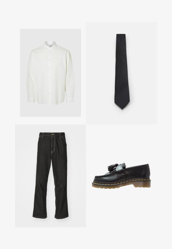 Maglietta in stile baseball bianca con maniche corte, bottoni neri sul davanti e scritta "CORE" in nero in evidenza. Presenta rifiniture in nero lungo il colletto.; Camicione bianco a maniche lunghe realizzato in tessuto testurizzato, con colletto button-down e pattina frontale con bottoni chiari. Vestibilità slim.; Jeans in denim nero con una vestibilità ampia, caratterizzati da cuciture bianche a contrasto, chiusura a bottone e un design a gamba dritta.; Mocassini in pelle nera con finitura testurizzata, caratterizzati da un pon-pon decorativo e cuciture gialle a contrasto, su una suola spessa e trasparente.; Cravatta nera stretta con un motivo a coste diagonali testurizzate. Presenta una punta appuntita e una finitura liscia. Adatta per abbigliamento formale.
