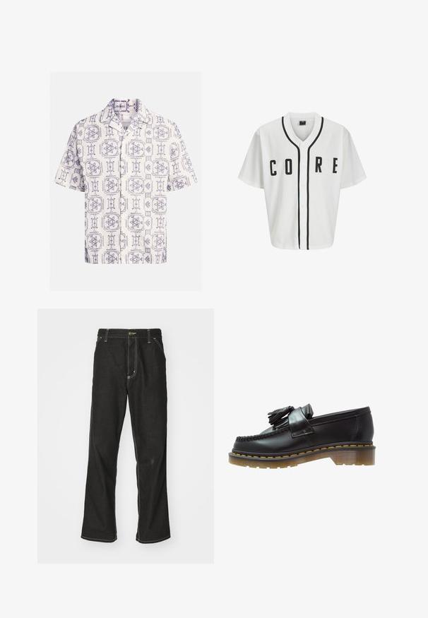 Jersey blanca estilo béisbol con mangas cortas, botones frontales negros y letras en negrita "CORE" en negro. Presenta un ribete negro a lo largo del cuello.; Camisa de manga corta en color crema y azul marino, con un estampado integral de diseños florales y geométricos, con un cuello con muesca y botones en el frente.; Camiseta blanca de algodón de manga larga con cuello redondo, que presenta un pequeño logo amarillo y burdeos en el lado izquierdo del pecho. Puños y dobladillo sin costuras.; Jeans de mezclilla negra con un corte holgado, que cuentan con costuras blancas contrastantes, cierre de botón y un diseño de pierna recta.; Mocasines de cuero negro con un acabado texturizado, que presentan un borlas decorativa y una costura amarilla en contraste, sobre una suela gruesa y transparente.