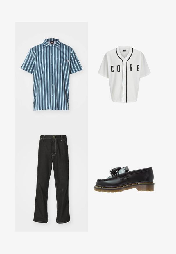 Valkoinen baseball-tyylinen paita lyhyillä hihoilla, mustat etunapit ja rohkea "CORE"-kirjonta mustalla. Sisältää mustan korostusviivan kauluksessa.; Lyhythihainen napitettava paita, jossa on pystysuorat raidat sinisen ja harmaan sävyissä, rinnassa rintatasku ja merkkilogo.; Pitkähihainen valkoinen puuvillapaita, jossa on pyöreä kaula-aukko. Vasemmassa rinnassa on pieni keltainen ja burgundinvärinen logo. Saumattomat hihansuut ja helma.; Mustat farkut, joissa on löysä istuvuus, erottuva valkoinen ompelu, nappikiinnitys ja suora lahje.; Mustat nahka loaferit, joissa on teksturoitu pinta, koristeellinen tupsu ja erottuva keltainen ommel, paksulla, läpinäkyvällä pohjalla.