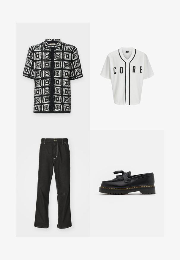 Maglietta in stile baseball bianca con maniche corte, bottoni neri sul davanti e scritta "CORE" in nero in evidenza. Presenta rifiniture in nero lungo il colletto.; Camicia a maniche corte in bianco e nero con un motivo a quadrati. Realizzata in tessuto testurizzato, presenta una chiusura con bottoni e un colletto a punta.; T-shirt bianco di cotone a maniche lunghe con collo a girocollo, caratterizzato da un piccolo logo giallo e borgogna sul lato sinistro del petto. Polsini e orlo senza cuciture.; Jeans in denim nero con una vestibilità ampia, caratterizzati da cuciture bianche a contrasto, chiusura a bottone e un design a gamba dritta.; Mocassino in pelle nera con un'accento a frange, dotato di una suola nera spessa e cuciture gialle lungo il bordo. Finitura testurizzata.