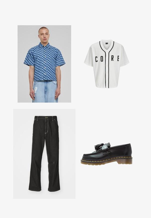 Bílý baseballový dres s krátkými rukávy, černými předními knoflíky a výrazným nápisem "CORE" v černé barvě. Obsahuje černé akcenty podél límce.; Košile s krátkým rukávem v modrém kostkovaném vzoru, denimový materiál, s knoflíkovým zapínáním vpředu a zkráceným, boxy střihem. Pod tím jsou roztrhané džíny.; Bílý bavlněný tričko s dlouhými rukávy a kulatým výstřihem, na levé části hrudi se nachází malé logo v žluté a burgundské barvě. Bezšvové manžety a lem.; Černé denimové džíny s volným střihem, s kontrastním bílým prošíváním, zapínáním na knoflík a rovnými nohavicemi.; Černé kožené mokasíny s texturovaným povrchem, zdobené dekorativním třásněm a kontrastním žlutým prošíváním, na robustní průhledné podrážce.
