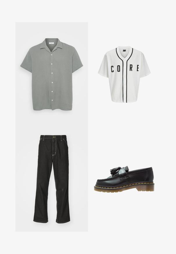 Jersey alb de baseball cu mâneci scurte, nasturi frontali negri și inscripție îndrăzneață "CORE" în negru. Prezintă dungi negre de accent pe guler.; Cămașă cu mânecă scurtă și guler, de culoare gri deschis, realizată dintr-un material texturat cu un aspect ușor șifonat. Prezintă nasturi albi pe toată lungimea din față.; Tricou alb din bumbac cu mânecă lungă și guler rotund, având un mic logo galben și burgund pe pieptul stâng. Manșete și tiv fără cusături.; Jeans negri din denim, cu o croială largă, cu cusături albe contrastante, închidere cu nasture și un design cu picior drept.; Mocasini din piele neagră cu un finisaj texturat, având un ciucure decorativ și cusături contrastante de culoare galbenă, pe un toc masiv, transparent.