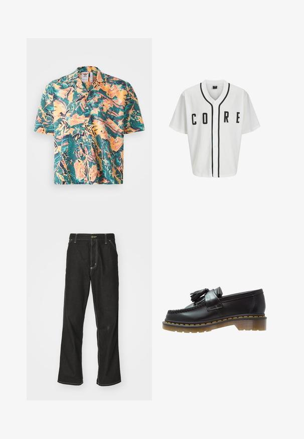Jersey blanca estilo béisbol con mangas cortas, botones frontales negros y letras en negrita "CORE" en negro. Presenta un ribete negro a lo largo del cuello.; Camisa de manga corta con un vibrante estampado tropical que presenta tonos verdes, naranjas y amarillos. Cuello clásico con cierre de botones y un corte relajado.; Camiseta blanca de algodón de manga larga con cuello redondo, que presenta un pequeño logo amarillo y burdeos en el lado izquierdo del pecho. Puños y dobladillo sin costuras.; Jeans de mezclilla negra con un corte holgado, que cuentan con costuras blancas contrastantes, cierre de botón y un diseño de pierna recta.; Mocasines de cuero negro con un acabado texturizado, que presentan un borlas decorativa y una costura amarilla en contraste, sobre una suela gruesa y transparente.